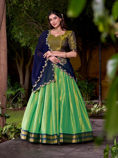 Navy Blue Color Sequince And Thread Embroidery Work Kanchipuram Lehenga Choli