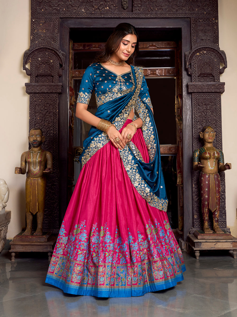Pink Color Printed With Foil Work Tussar Silk Lehenga Choli
