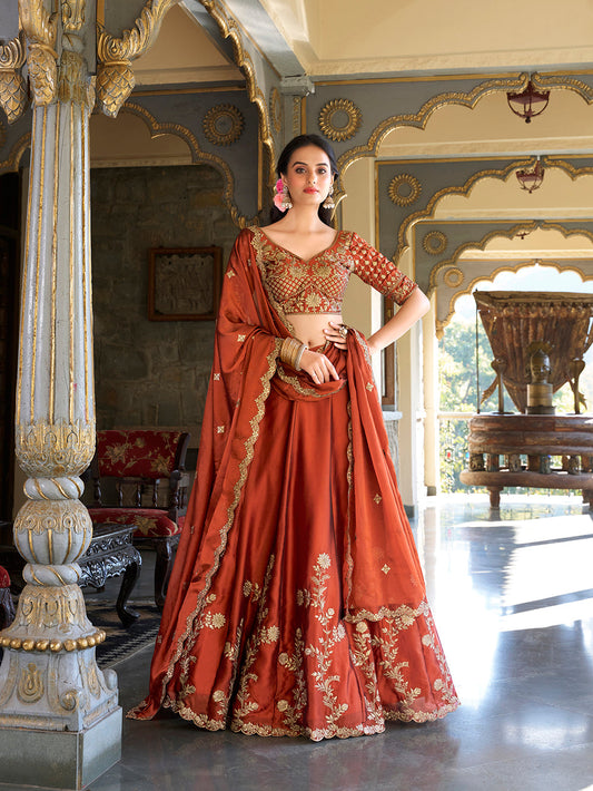 Rust Orange Color Sequins And Thread Embroidery Work Rangoli Silk Lehenga Choli