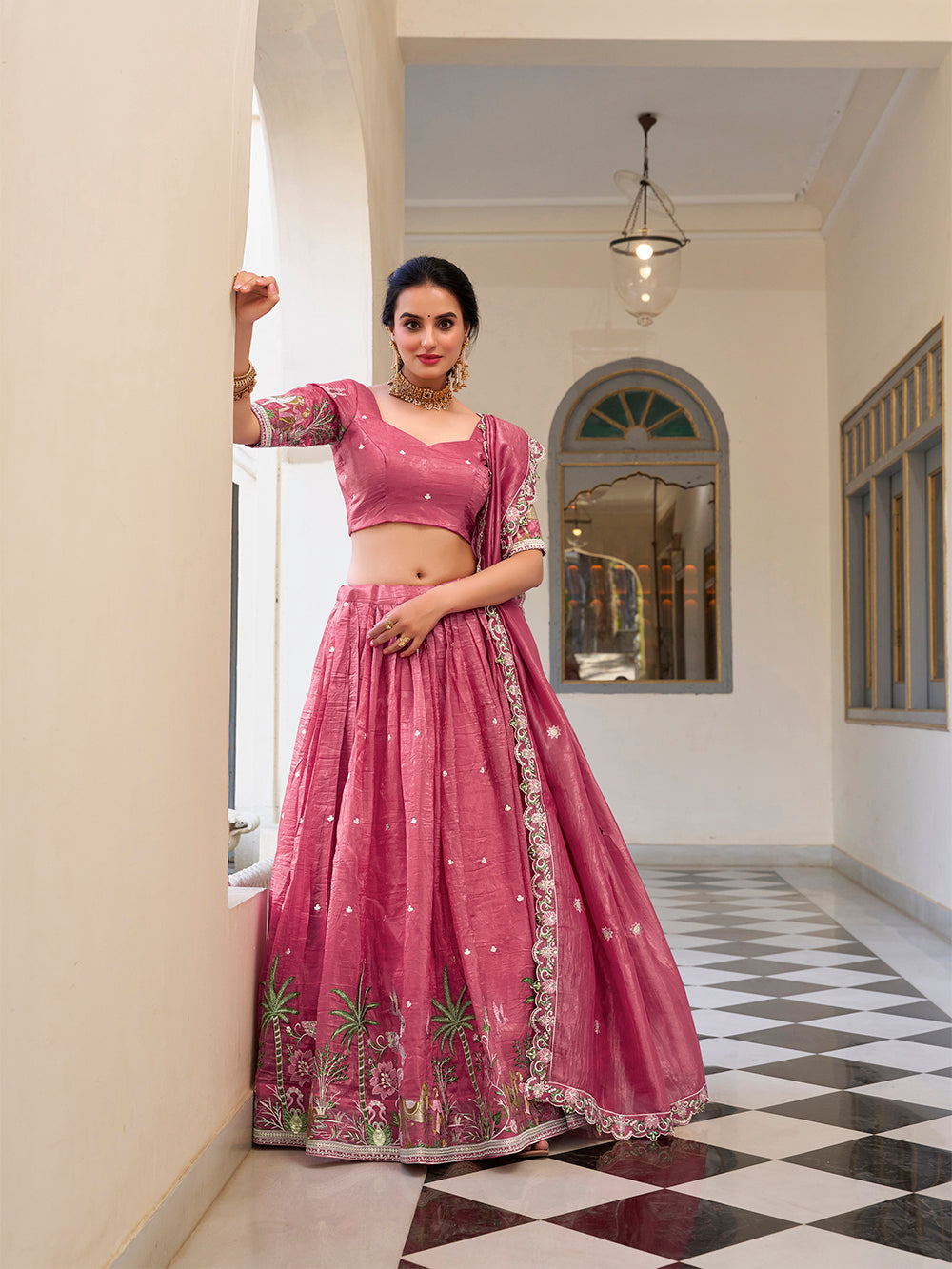 Pink Color Sequins and Thread Embroidery Work Gold Crush Lehenga Choli
