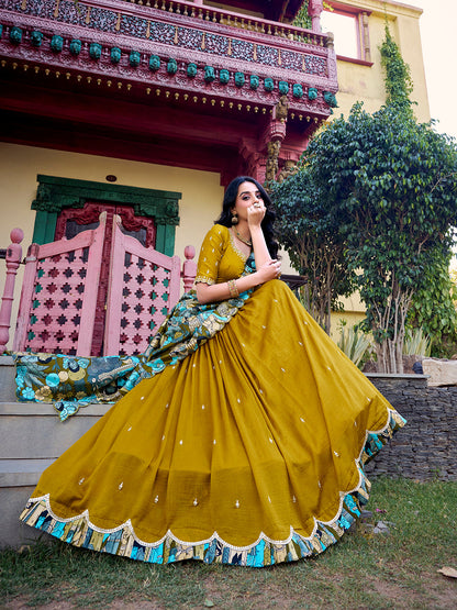 Mustard Color Sequins And Thread Embroidery Work Vichitra Silk Lehenga
