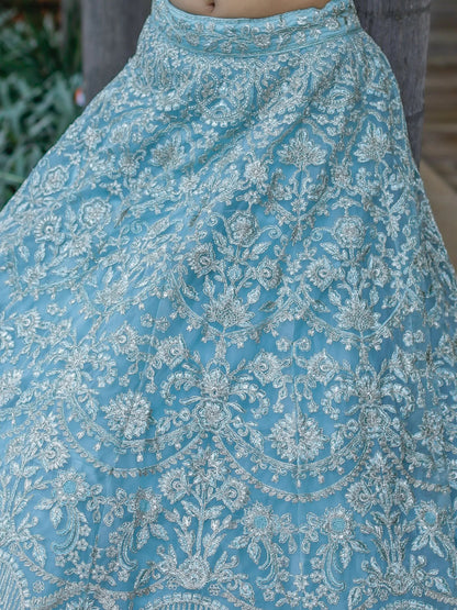 Enchanting Aqua Blue Embroidered Net Bridesmaid Lehenga Choli - Zeel Clothing