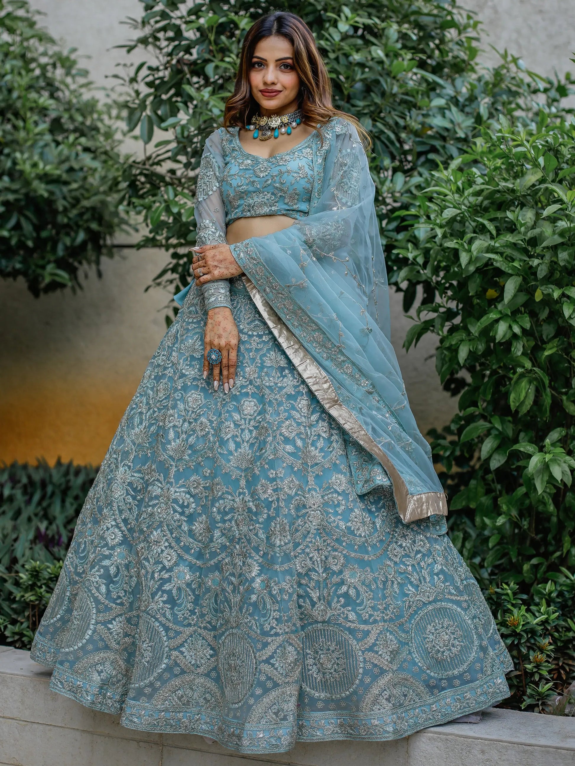 Enchanting Aqua Blue Embroidered Net Bridesmaid Lehenga Choli - Zeel Clothing