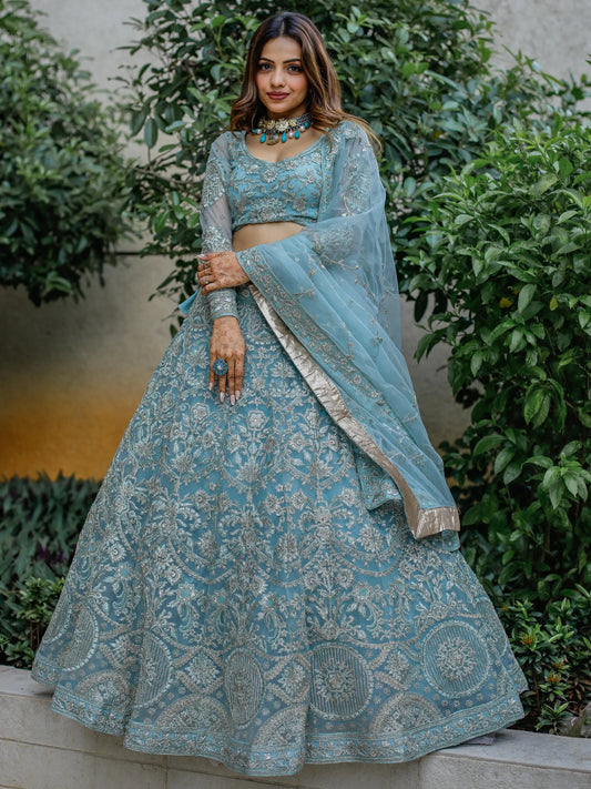 Enchanting Aqua Blue Embroidered Net Bridesmaid Lehenga Choli - Zeel Clothing