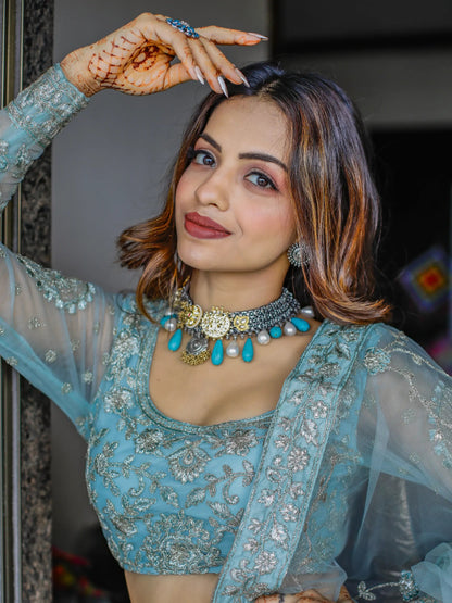 Enchanting Aqua Blue Embroidered Net Bridesmaid Lehenga Choli - Zeel Clothing