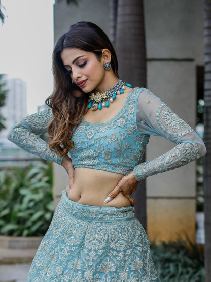 Enchanting Aqua Blue Embroidered Net Bridesmaid Lehenga Choli - Zeel Clothing