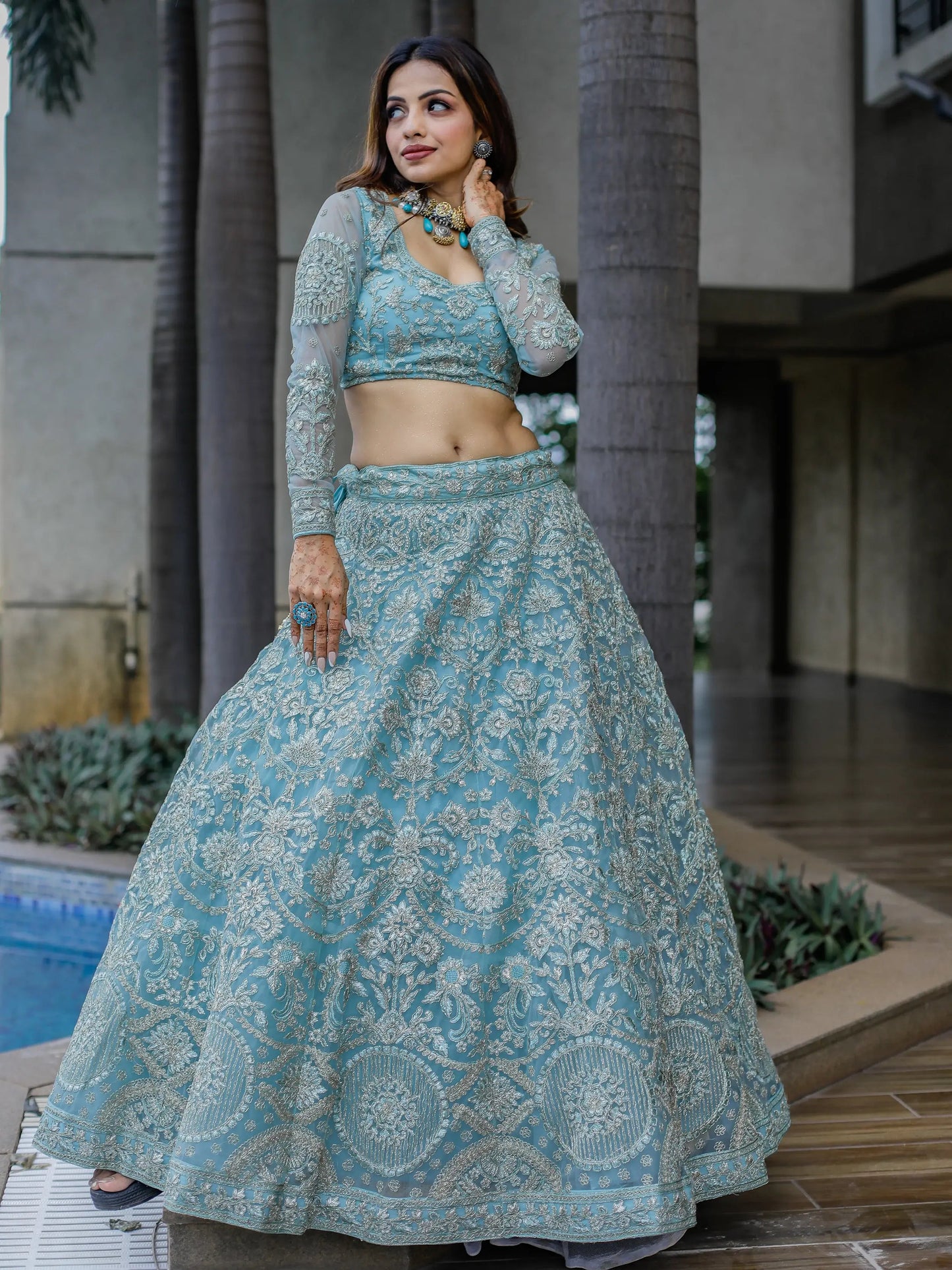 Enchanting Aqua Blue Embroidered Net Bridesmaid Lehenga Choli - Zeel Clothing