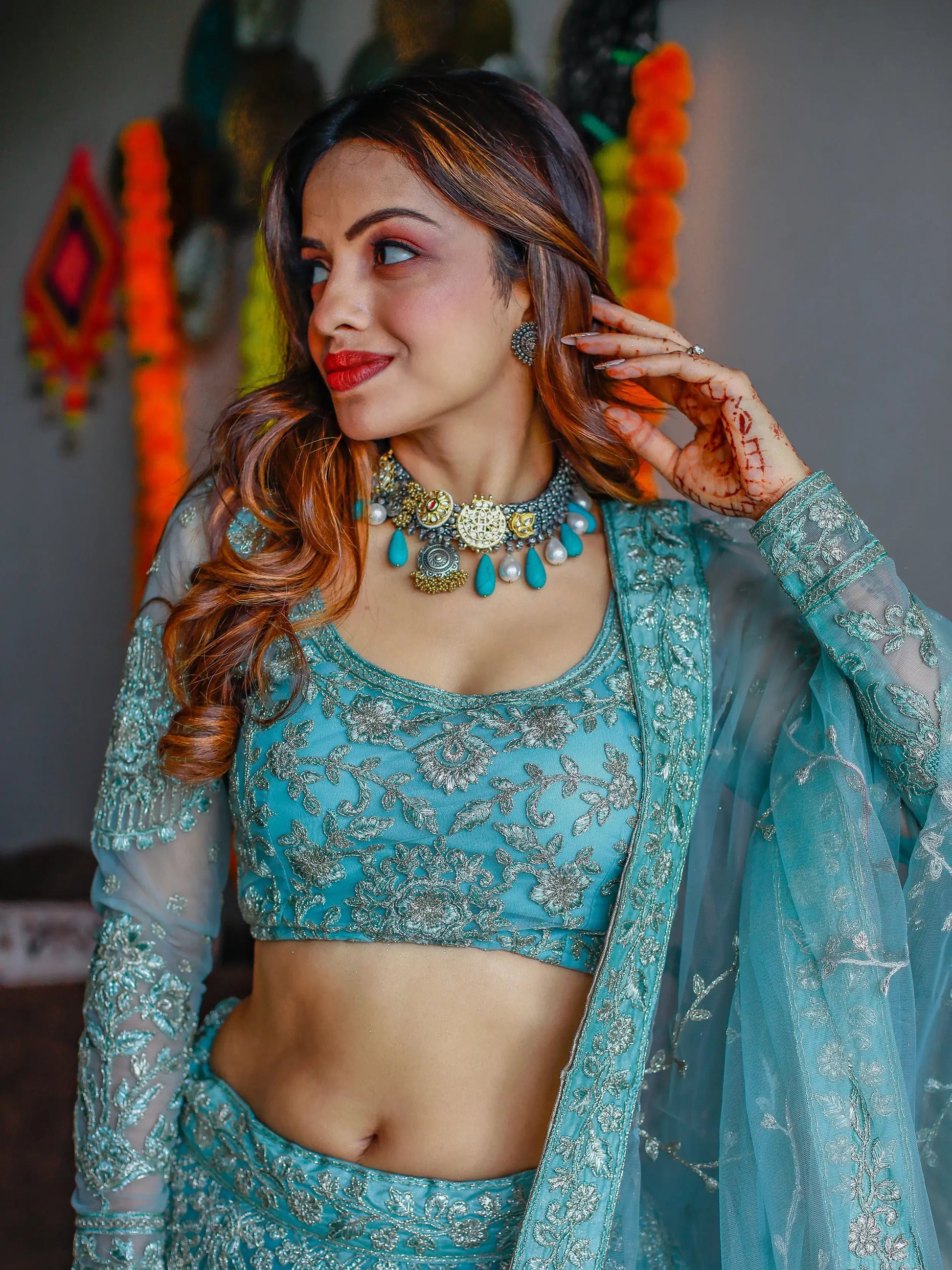 Enchanting Aqua Blue Embroidered Net Bridesmaid Lehenga Choli - Zeel Clothing