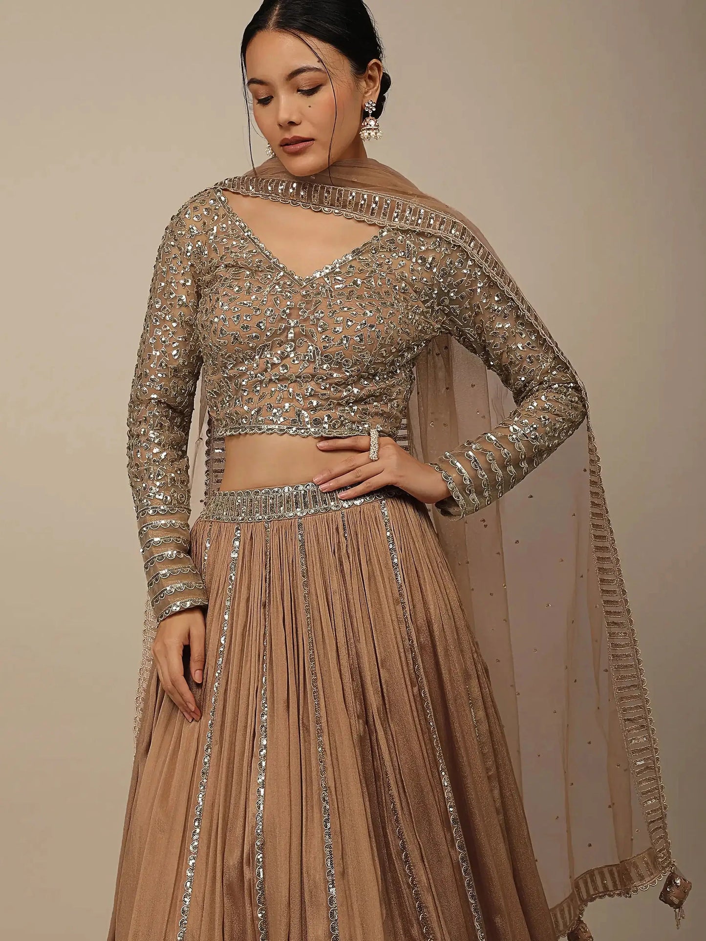 Enchanting Beige Sequins Georgette Engagement Wear Lehenga Choli - Zeel Clothing