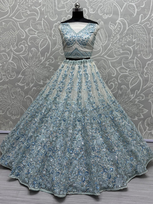 Enchanting Blue Multi Thread Work Net Bridesmaid Lehenga Choli With Dupatta - Zeel Clothing