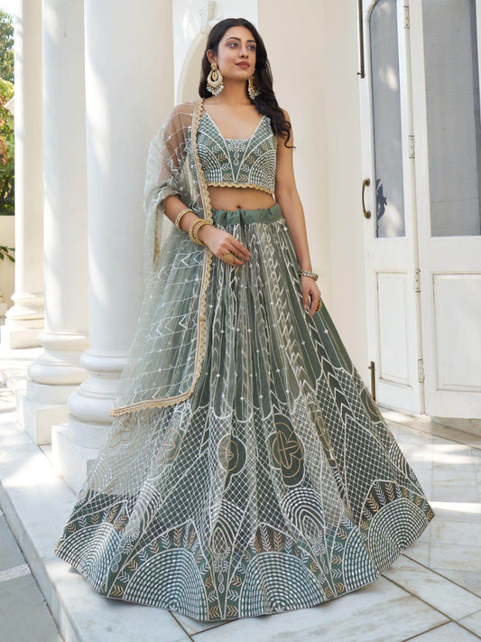 Enchanting Dusty Green Thread Work Net Bridesmaid Lehenga Choli - Zeel Clothing