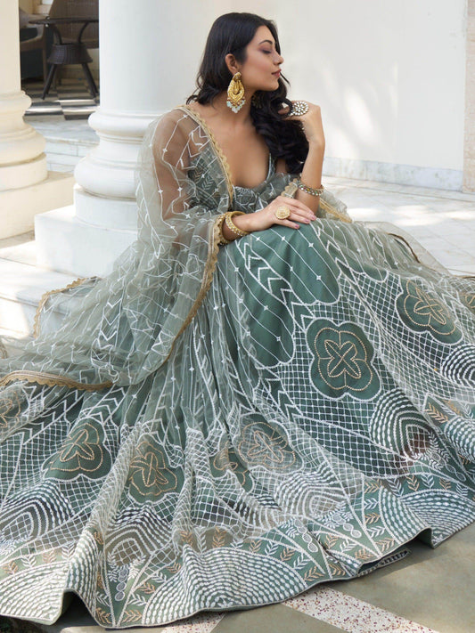 Enchanting Dusty Green Thread Work Net Bridesmaid Lehenga Choli - Zeel Clothing
