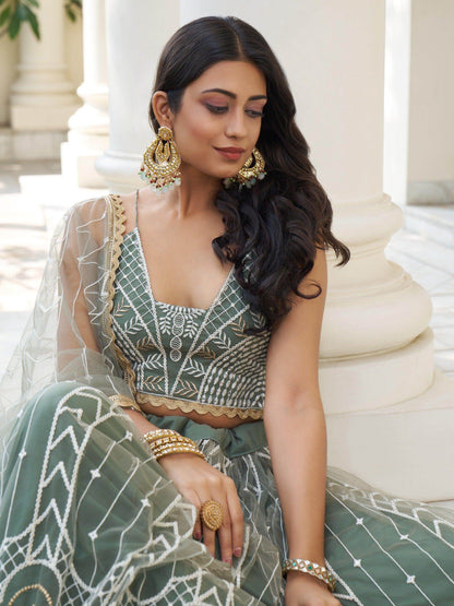 Enchanting Dusty Green Thread Work Net Bridesmaid Lehenga Choli - Zeel Clothing