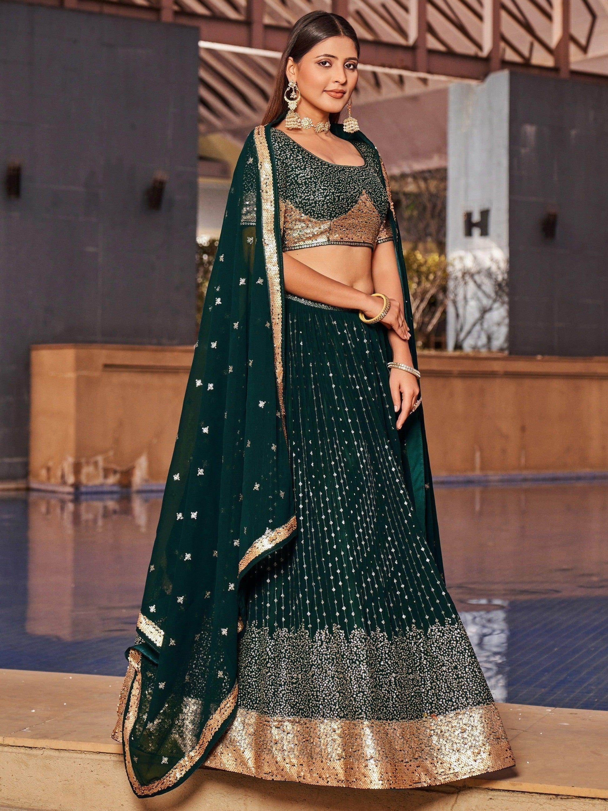 Enchanting Green Sequins Georgette Mehendi Wear Lehenga Choli - Zeel Clothing