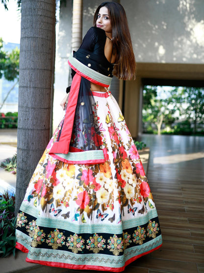 Enchanting Multi Color Floral Printed Silk Reception Wear Lehenga Choli - Zeel Clothing