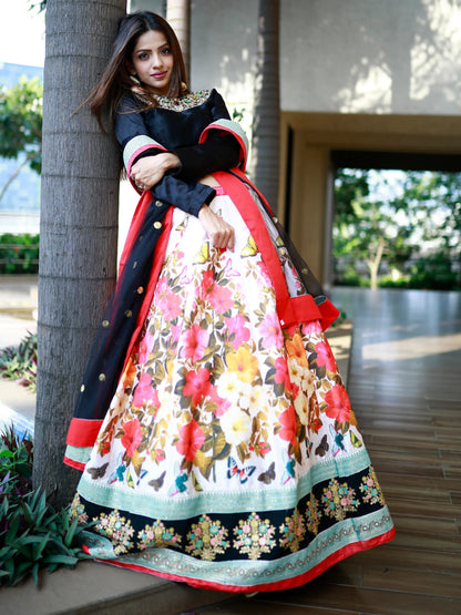 Enchanting Multi Color Floral Printed Silk Reception Wear Lehenga Choli - Zeel Clothing