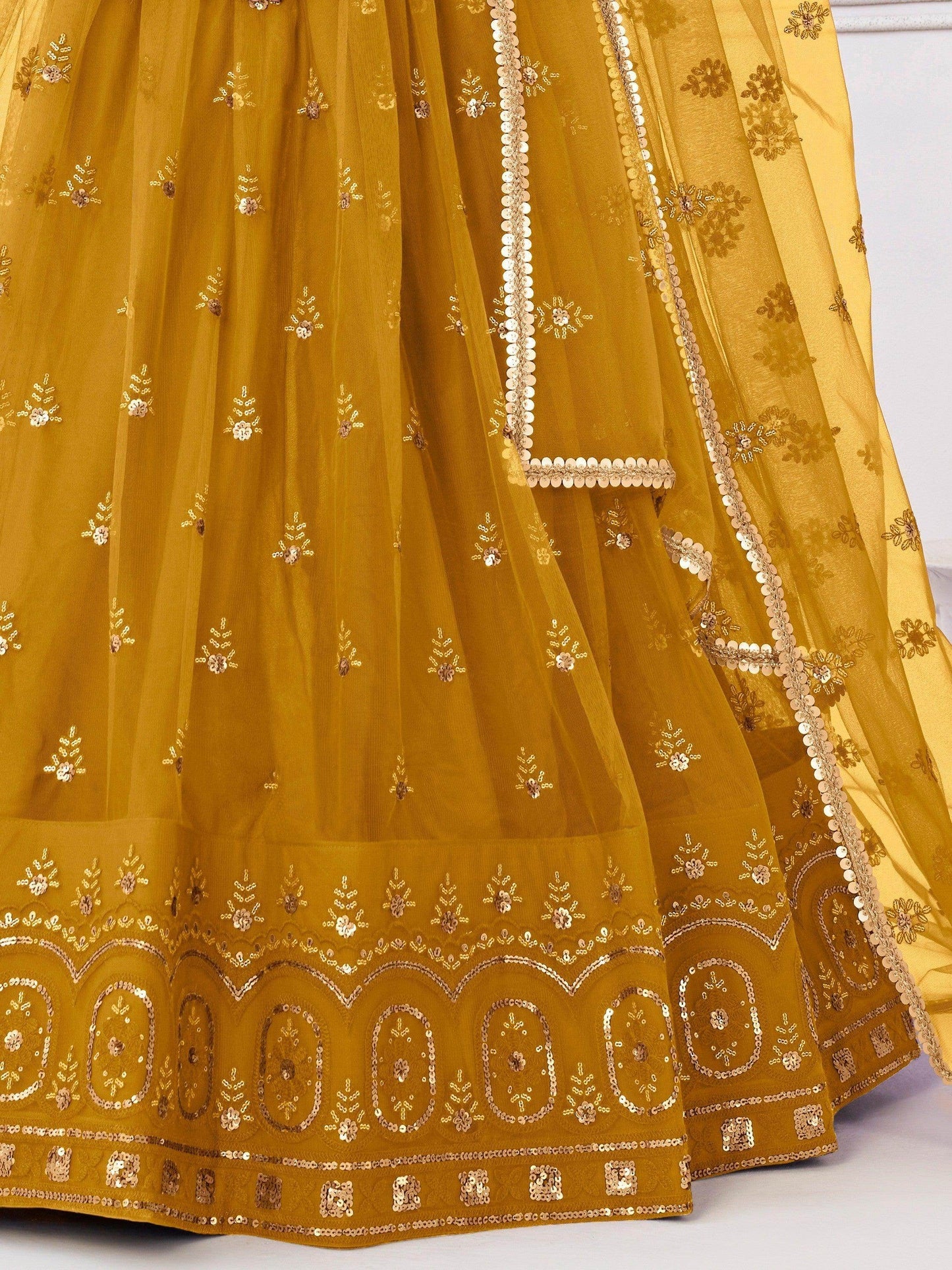 Enchanting Mustard Yellow Sequins Net Haldi Wear Lehenga Choli - Zeel Clothing