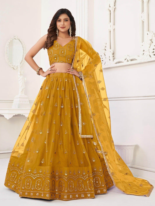 Enchanting Mustard Yellow Sequins Net Haldi Wear Lehenga Choli - Zeel Clothing