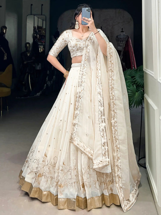 Enchanting Off-White Foil Work Silk Festive Wear Lehenga Choli With Dupatta - Zeel Clothing
