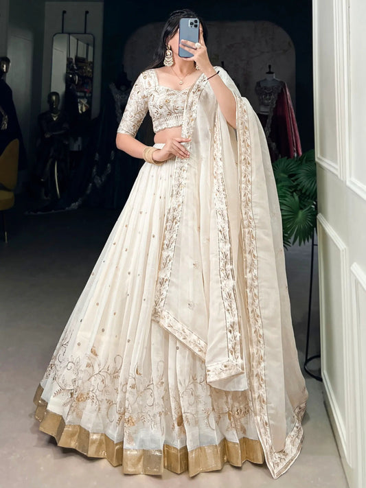 Enchanting Off-White Foil Work Silk Festive Wear Lehenga Choli With Dupatta - Zeel Clothing