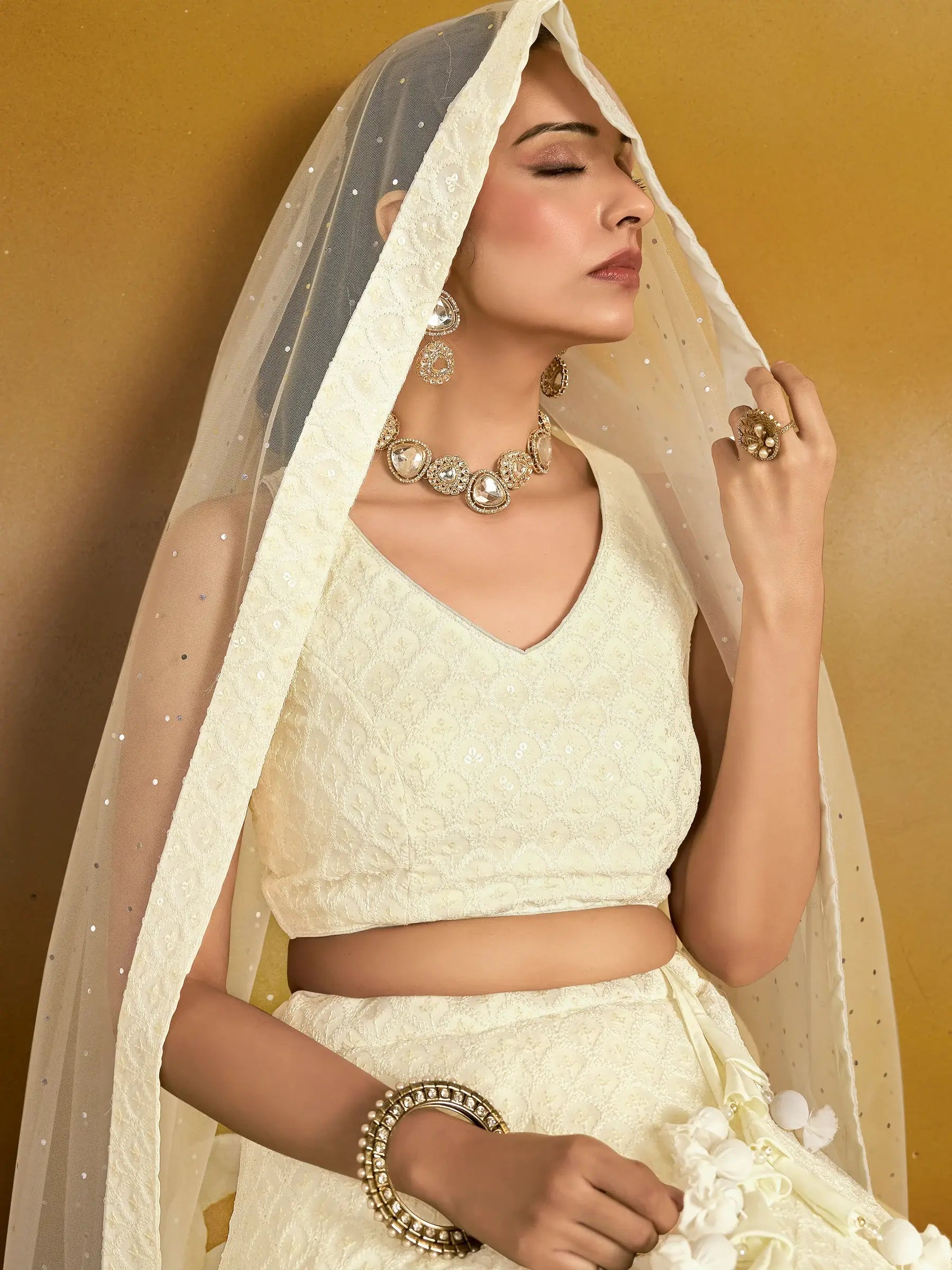 Enchanting Off-White Thread Work Georgette Traditional Lehenga Choli - Zeel Clothing