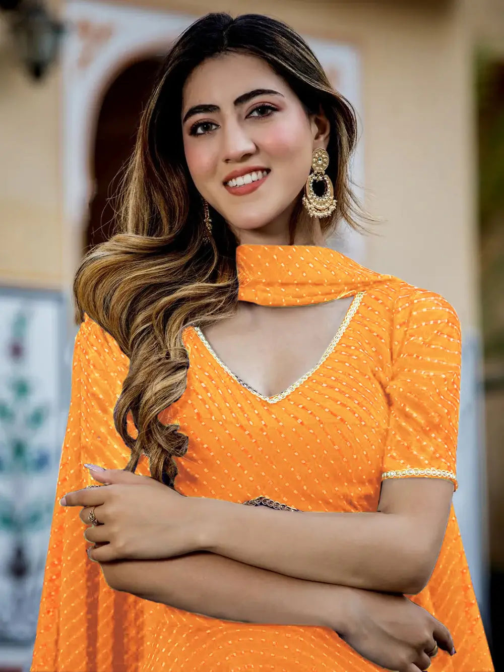 Enchanting Orange Laheriya Print Georgette Designer Lehenga Choli - Zeel Clothing