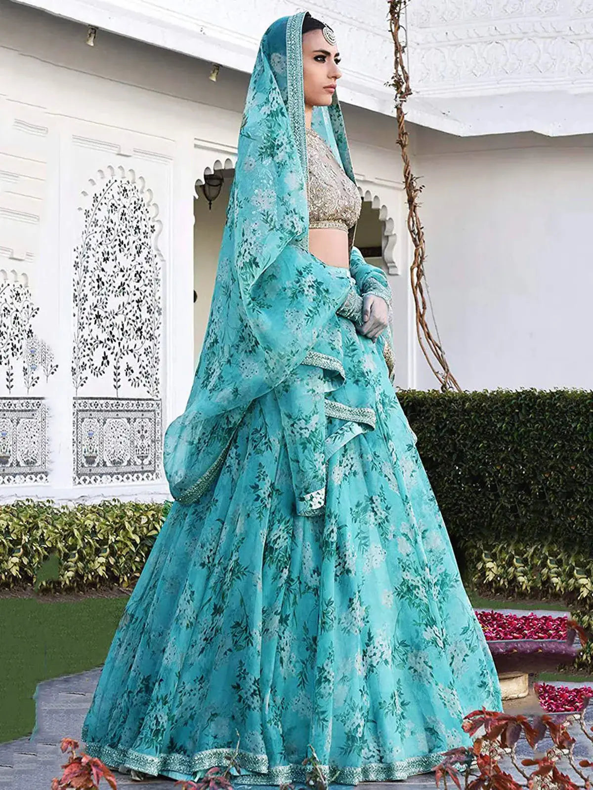 Enchanting Sky Blue Floral Printed Organza Wedding Lehenga Choli - Zeel Clothing