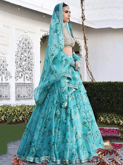 Enchanting Sky Blue Floral Printed Organza Wedding Lehenga Choli - Zeel Clothing