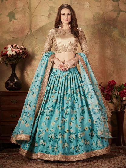 Enchanting Sky Blue Floral Printed Organza Wedding Lehenga Choli - Zeel Clothing