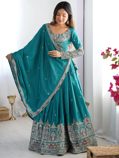 Enchanting Teal Green Thread Work Silk Wedding Lehenga Choli - Zeel Clothing