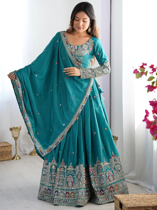 Enchanting Teal Green Thread Work Silk Wedding Lehenga Choli - Zeel Clothing