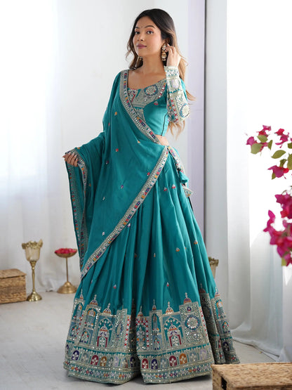 Enchanting Teal Green Thread Work Silk Wedding Lehenga Choli - Zeel Clothing
