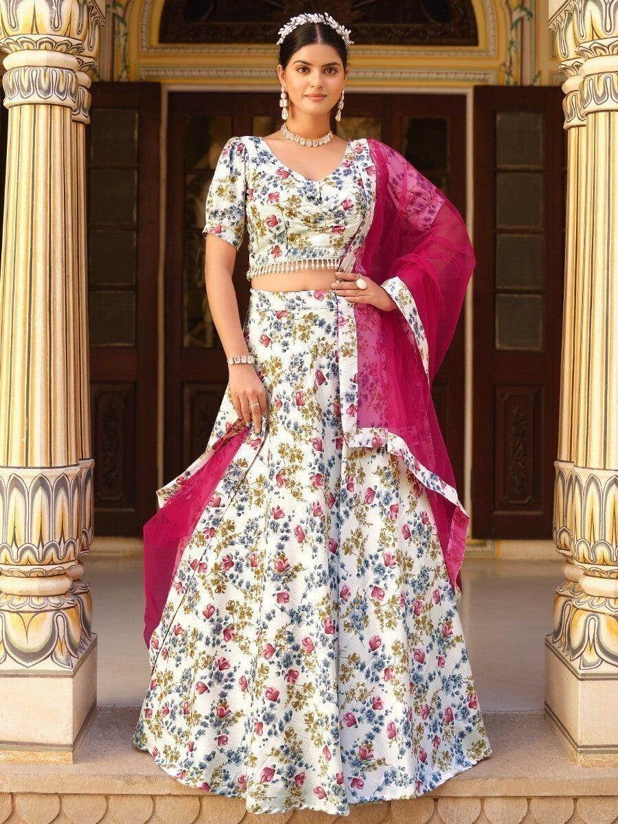 Enchanting White Floral Printed Silk Traditional Lehenga Choli - Zeel Clothing