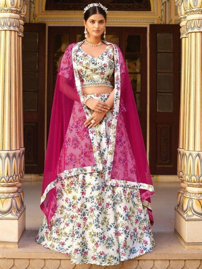 Enchanting White Floral Printed Silk Traditional Lehenga Choli - Zeel Clothing