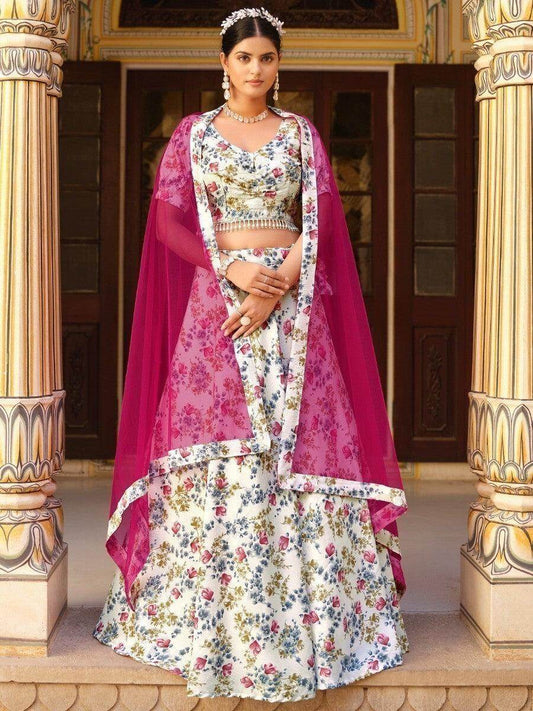 Enchanting White Floral Printed Silk Traditional Lehenga Choli - Zeel Clothing