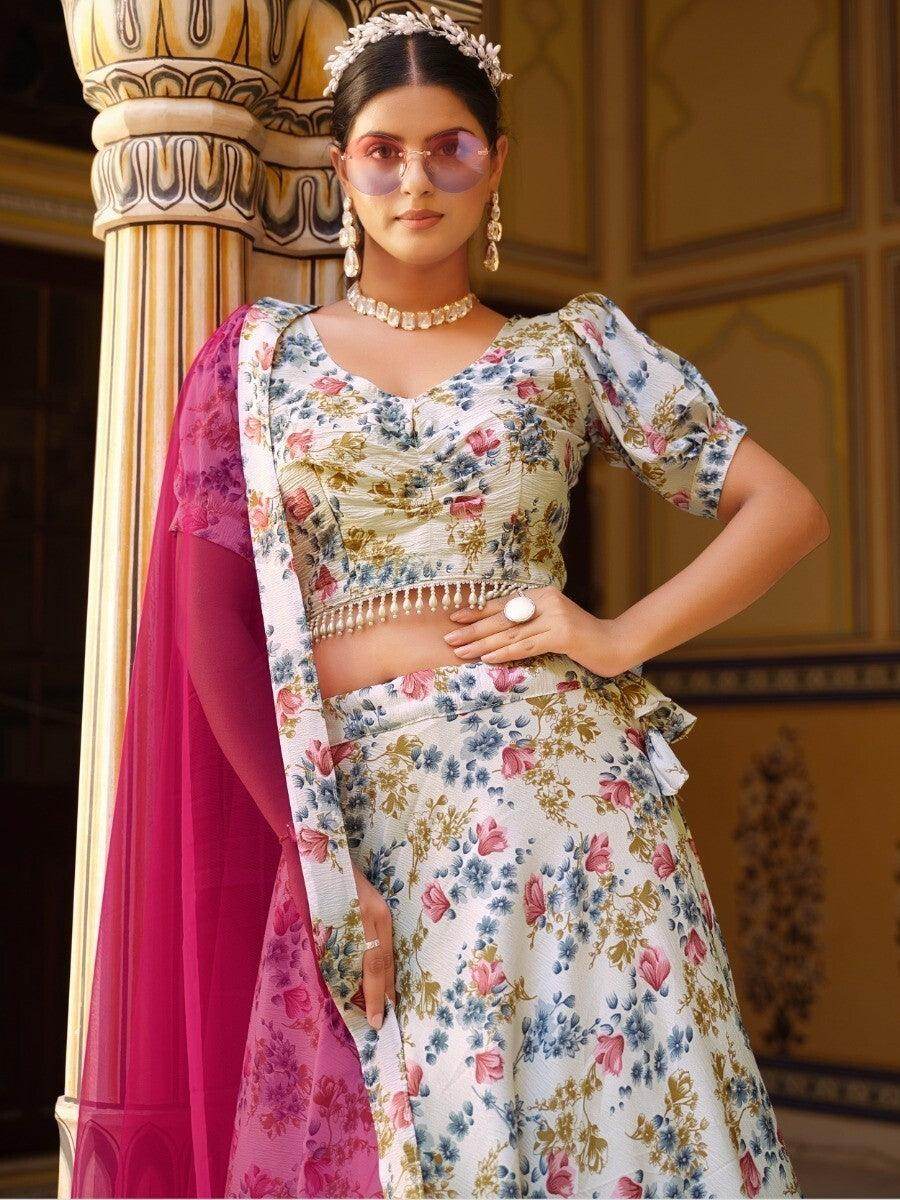 Enchanting White Floral Printed Silk Traditional Lehenga Choli - Zeel Clothing