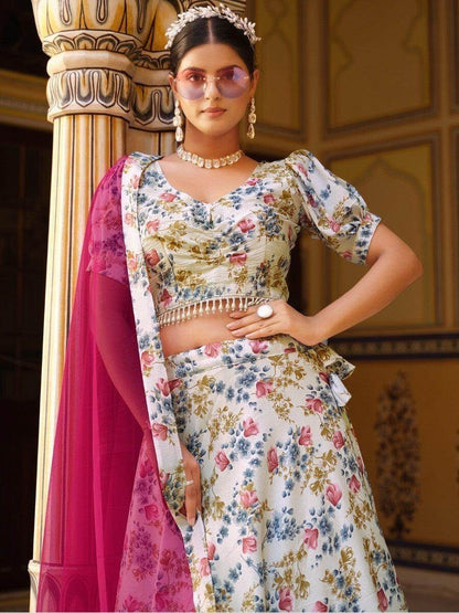 Enchanting White Floral Printed Silk Traditional Lehenga Choli - Zeel Clothing