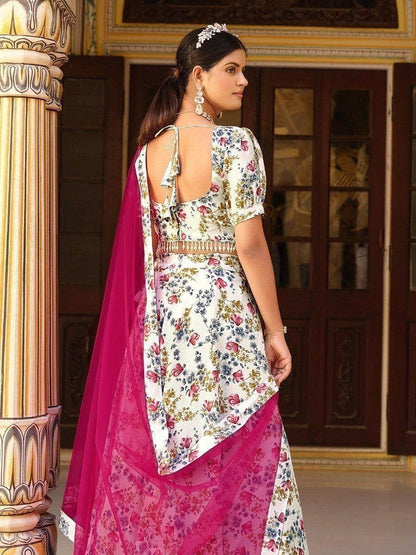 Enchanting White Floral Printed Silk Traditional Lehenga Choli - Zeel Clothing