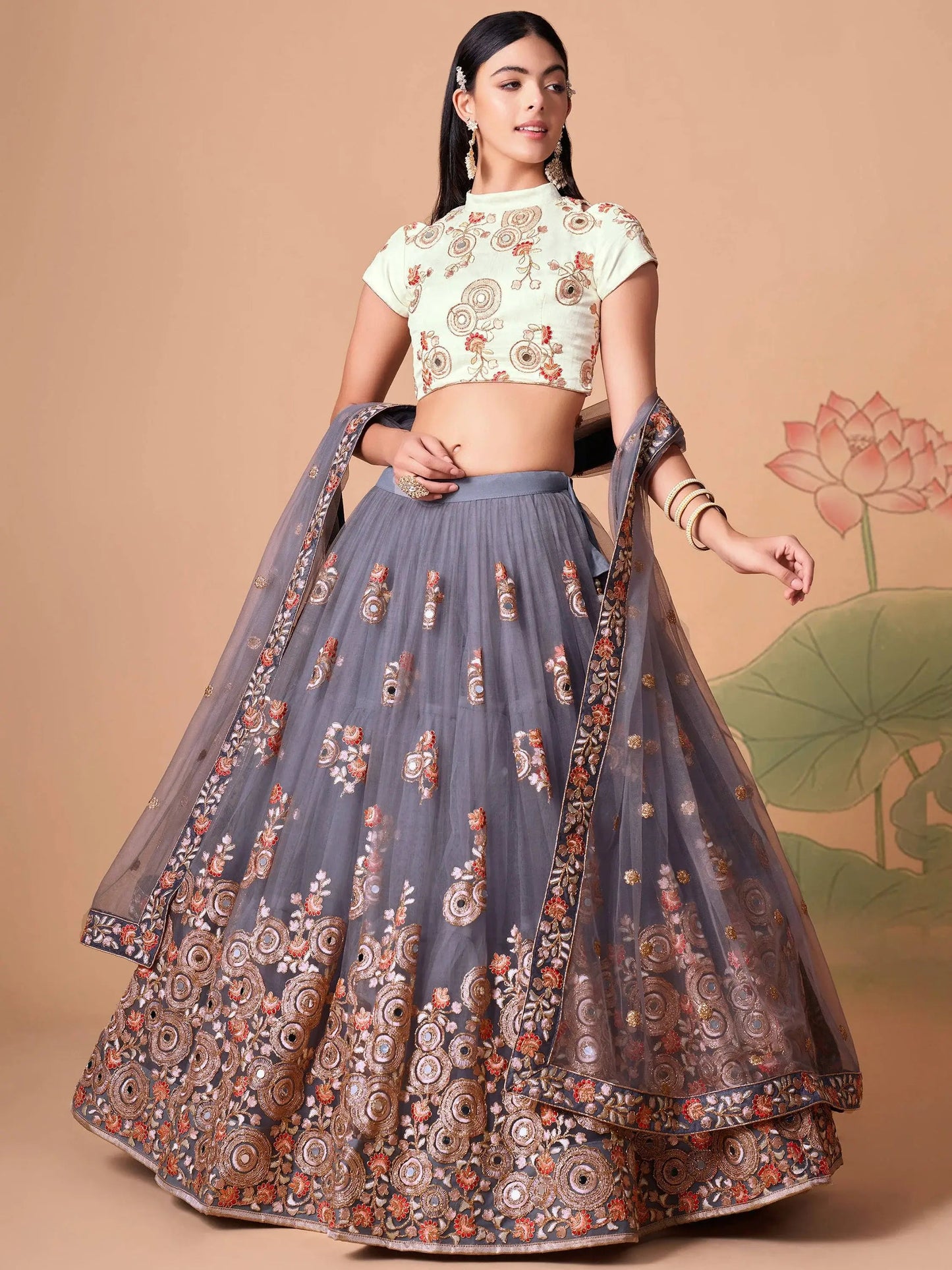 Endearing Grey Mirror Work Net lehenga Choli With Dupatta - Zeel Clothing