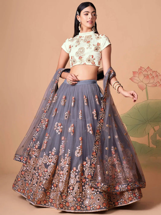 Endearing Grey Mirror Work Net lehenga Choli With Dupatta - Zeel Clothing