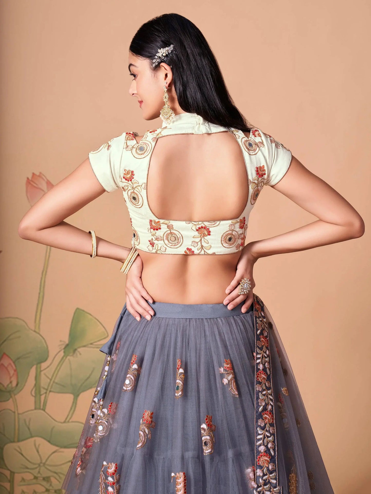 Endearing Grey Mirror Work Net lehenga Choli With Dupatta - Zeel Clothing