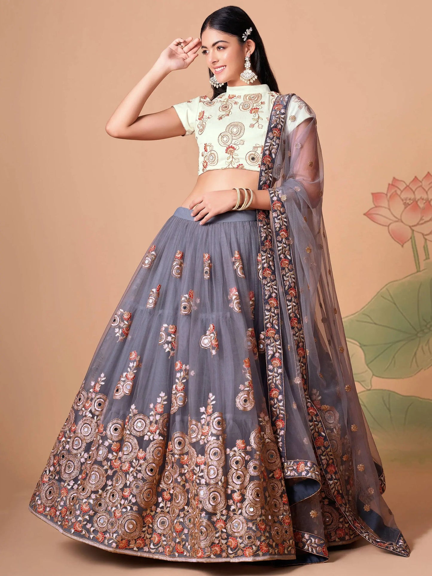 Endearing Grey Mirror Work Net lehenga Choli With Dupatta - Zeel Clothing