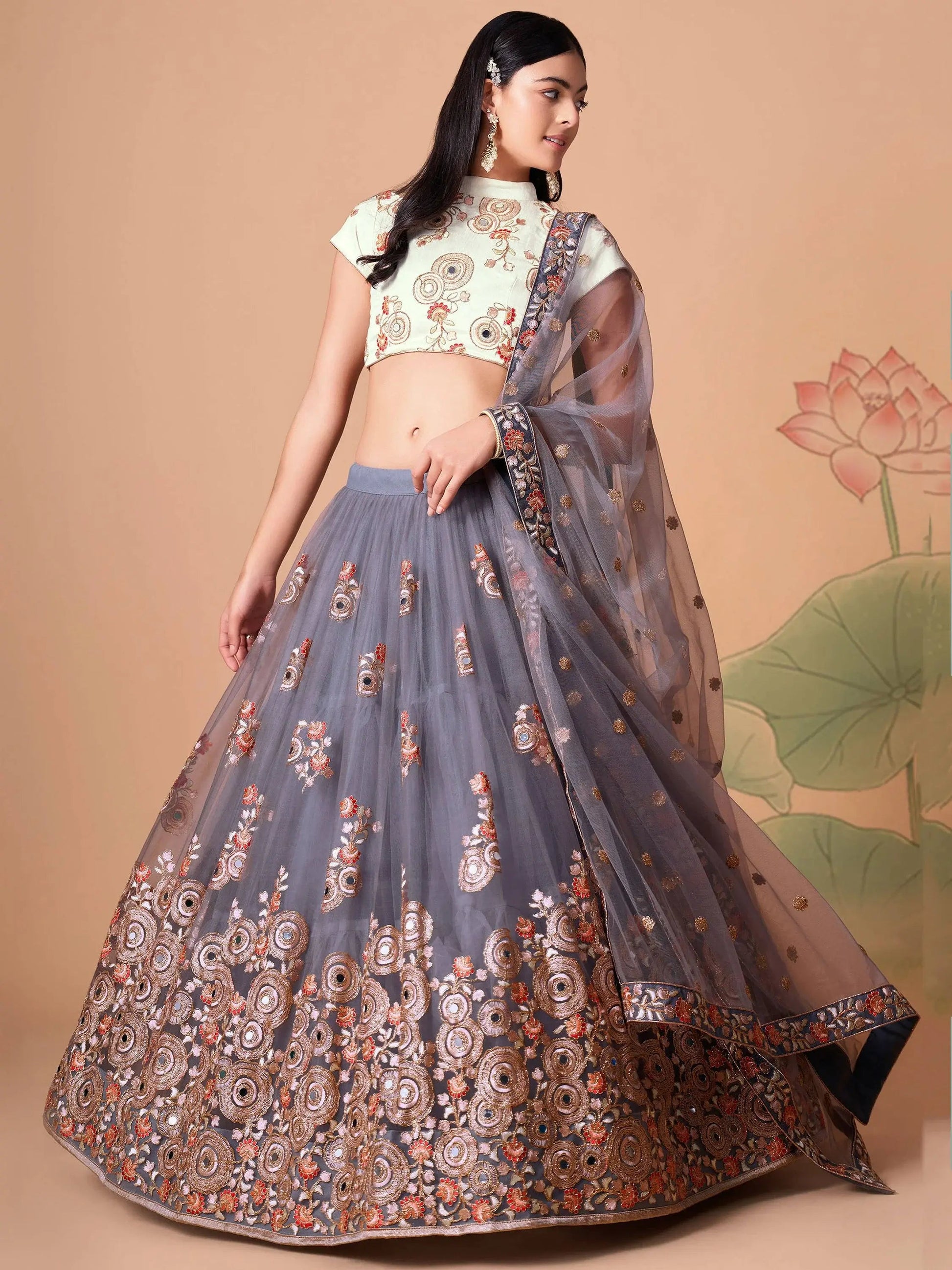 Endearing Grey Mirror Work Net lehenga Choli With Dupatta - Zeel Clothing