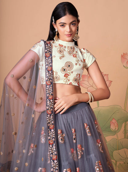 Endearing Grey Mirror Work Net lehenga Choli With Dupatta - Zeel Clothing