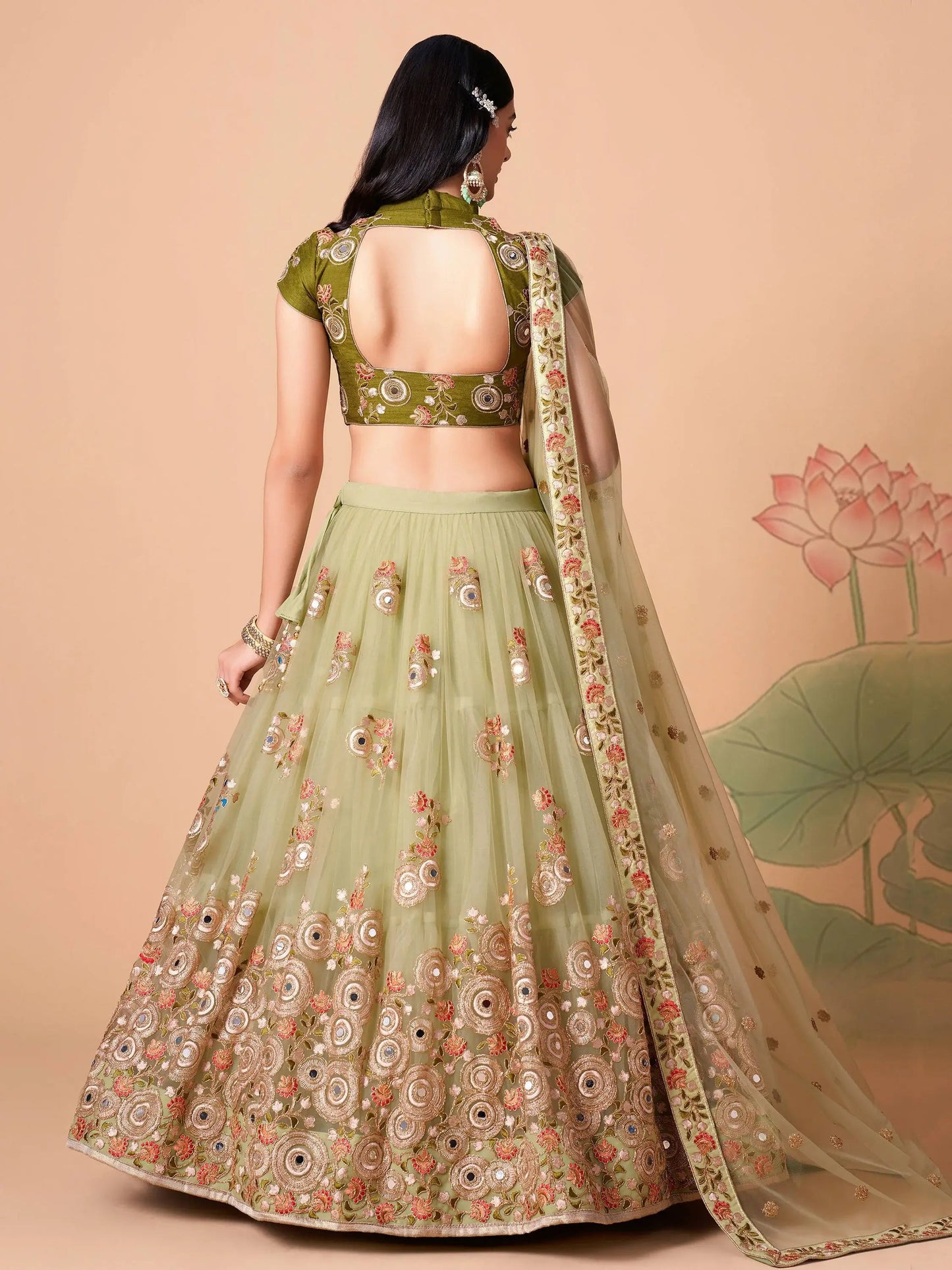 Endearing Pastel Green Mirror Work Net Party Wear Lehenga Choli - Zeel Clothing