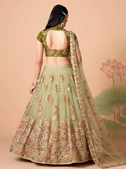 Endearing Pastel Green Mirror Work Net Party Wear Lehenga Choli - Zeel Clothing