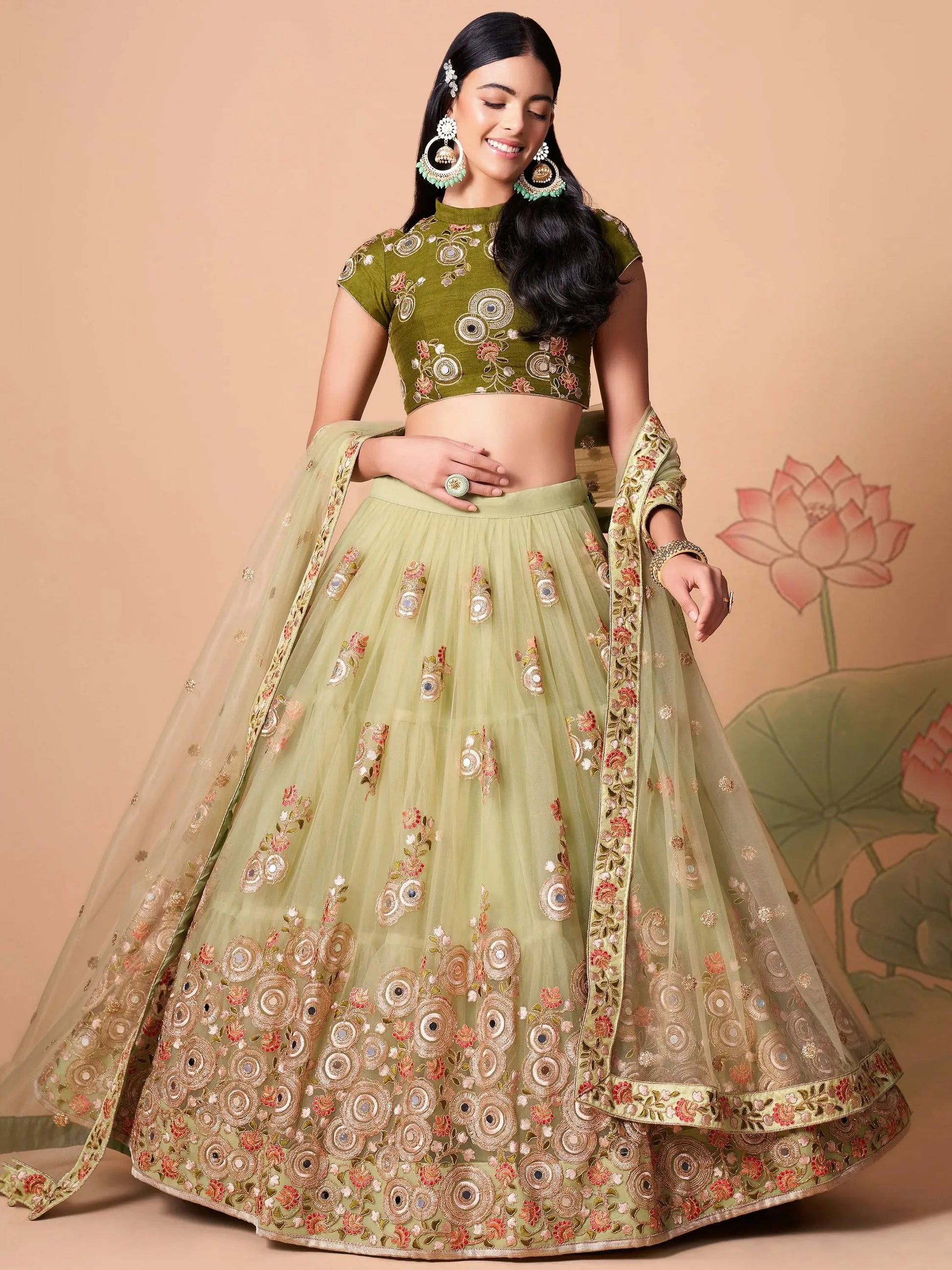 Endearing Pastel Green Mirror Work Net Party Wear Lehenga Choli - Zeel Clothing