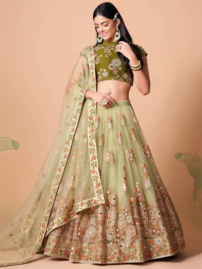 Endearing Pastel Green Mirror Work Net Party Wear Lehenga Choli - Zeel Clothing