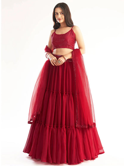 Engaging Red Sequins Georgette Designer Lehenga Choli With Dupatta - Zeel Clothing
