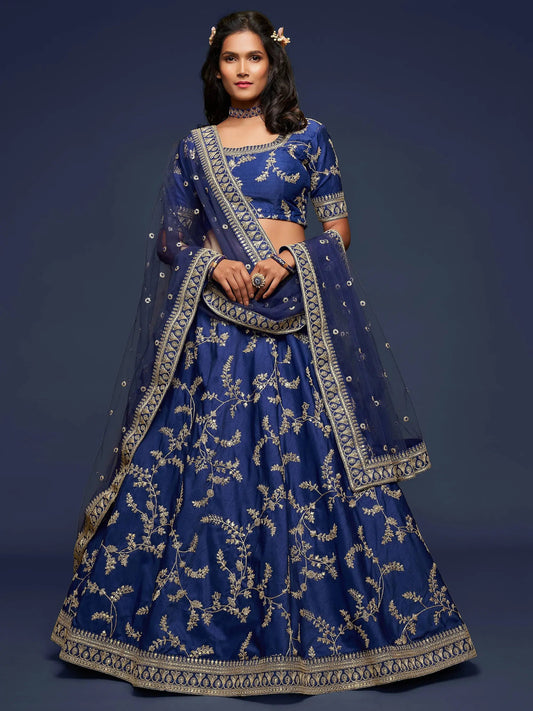 Enjoyable Blue Thread Embroidery Art Silk Wedding Lehenga Choli - Zeel Clothing